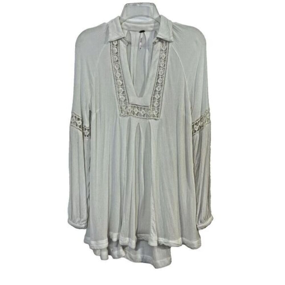 Free People Long Sleeve Hi-Lo Tunic XS White Cutwork Oversized Collared Blouse